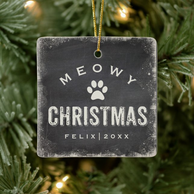 Funny Meowy Merry Christmas Cat Photo Name Custom Ceramic Ornament (Tree)