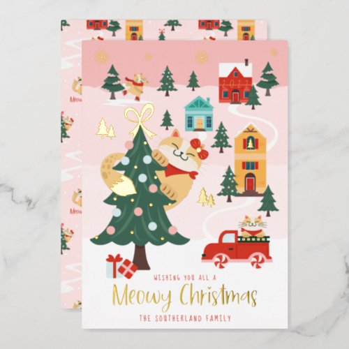 Funny Meowy Peeking Cat Christmas Winter Village  Foil Holiday Card