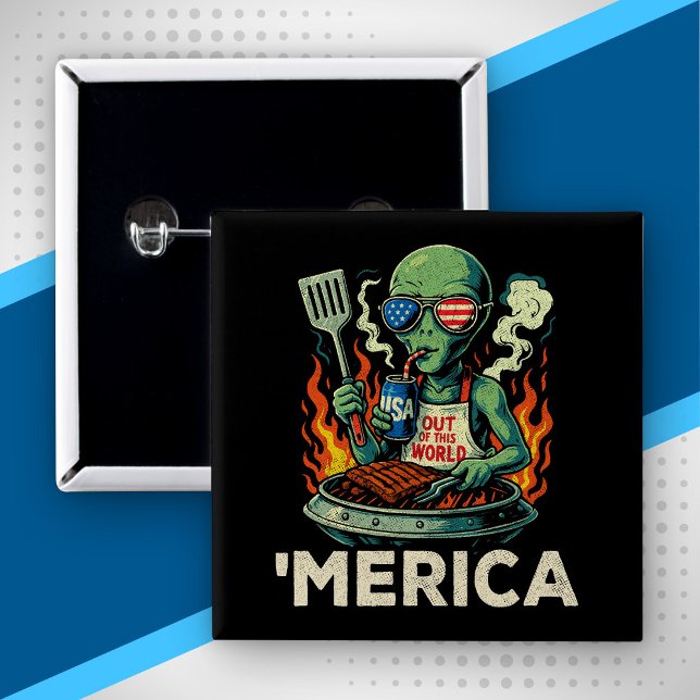Funny ’Merica Alien BBQ Grilling Patriotic Retro Button (Creator Uploaded)