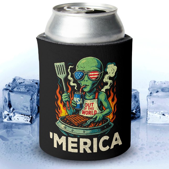 Funny ’Merica Alien BBQ Grilling Patriotic Retro Can Cooler (Creator Uploaded)