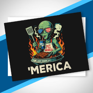 Funny ’Merica Alien BBQ Grilling Patriotic Retro Holiday Postcard