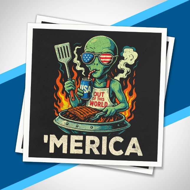Funny ’Merica Alien BBQ Grilling Patriotic Retro Napkins (Creator Uploaded)