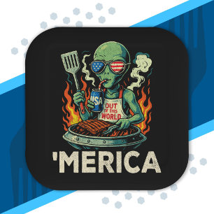 Funny ’Merica Alien BBQ Grilling Patriotic Retro Paper Plates