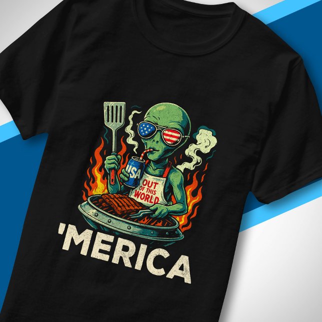 Funny ’Merica Alien BBQ Grilling Patriotic Retro T-Shirt (Creator Uploaded)