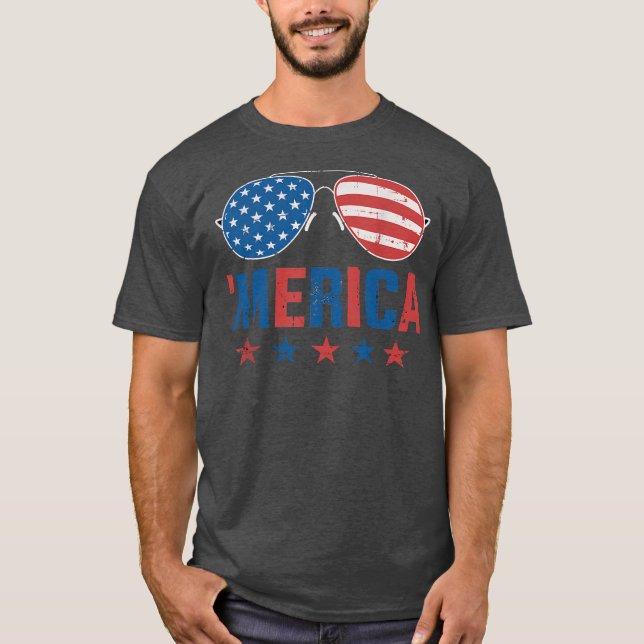 Funny Merica With Sunglasses USA Flag 4th Of July T-Shirt (Front)