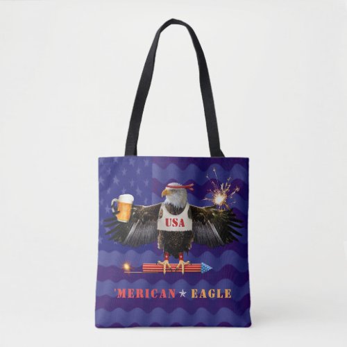 Funny Merican Eagle 4th of July Beer and Fireworks Tote Bag