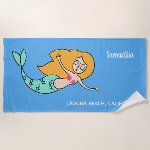 Funny Mermaid custom name, location & color Beach Towel