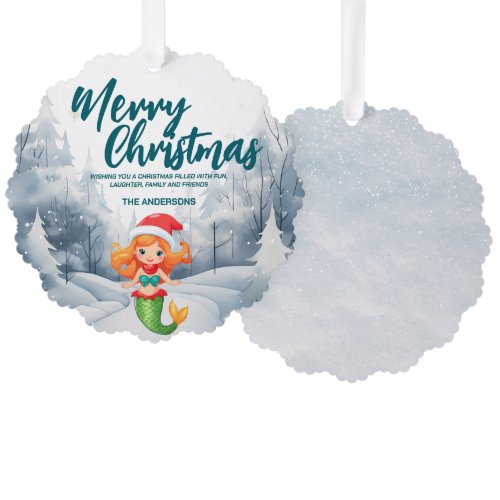 Funny Mermaid Merry Xmas tree snow Holiday party Ornament Card