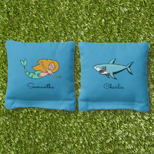 Funny Mermaid & Shark custom names Cornhole Bags
