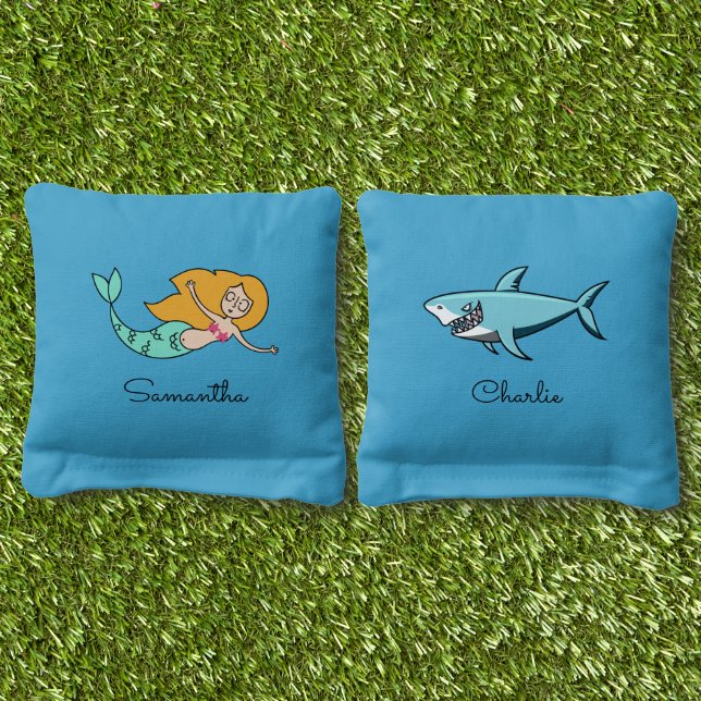 Funny Mermaid & Shark custom names Cornhole Bags (Grass)