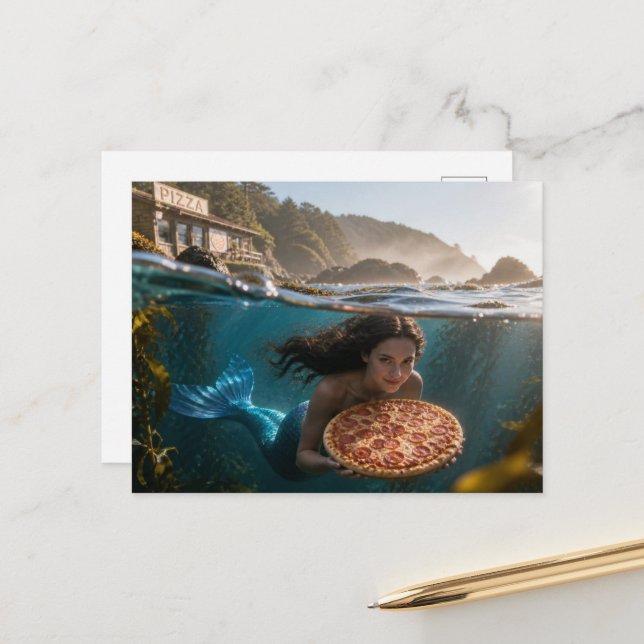 Funny Mermaid With a Pizza Postcard (Front/Back In Situ)