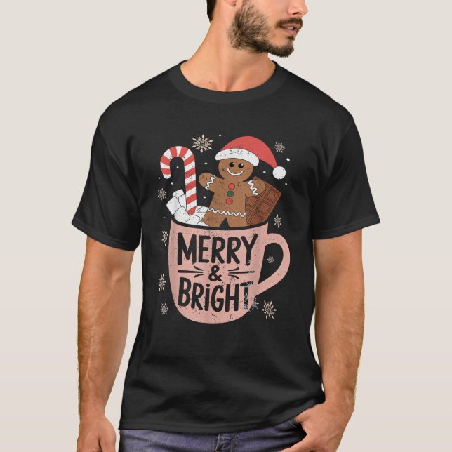 Funny Merry And Bright Christmas Gingerbread Man H T-Shirt (Front)