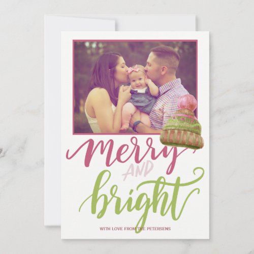 Funny merry  bright pink green script photo holiday card