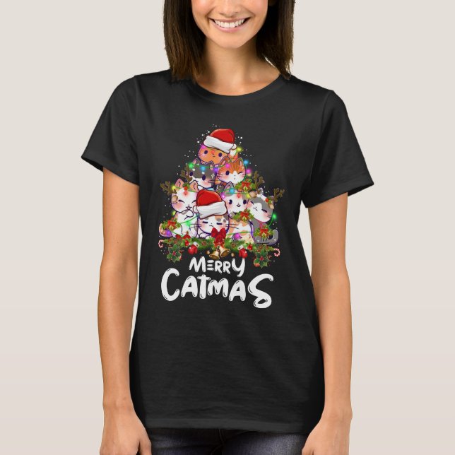 Funny Merry Catmas tree lights Christmas Gift Cat T-Shirt (Front)