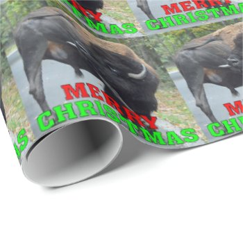 Funny Merry Christmas Bull Bison Licking Testicles Wrapping Paper by WackemArt at Zazzle