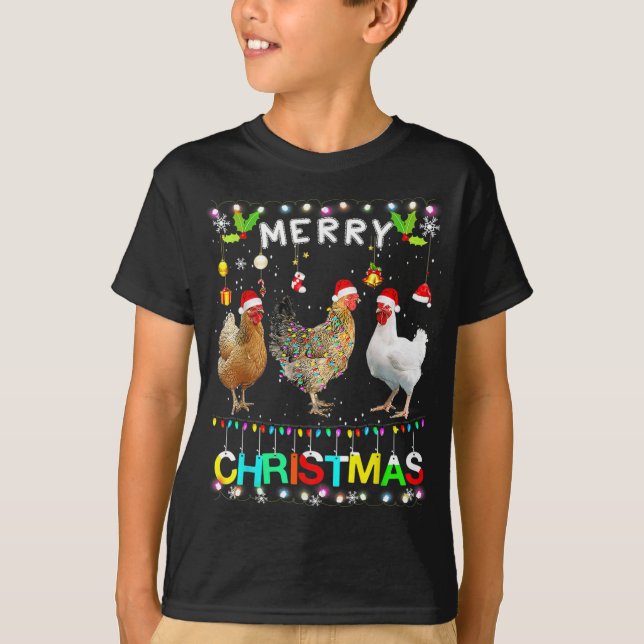 Funny Merry Christmas Chicken Santa Hat Lights Xma T-Shirt (Front)