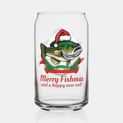 Funny Merry Christmas Fishmas Fishing Santa Fish Can Glass