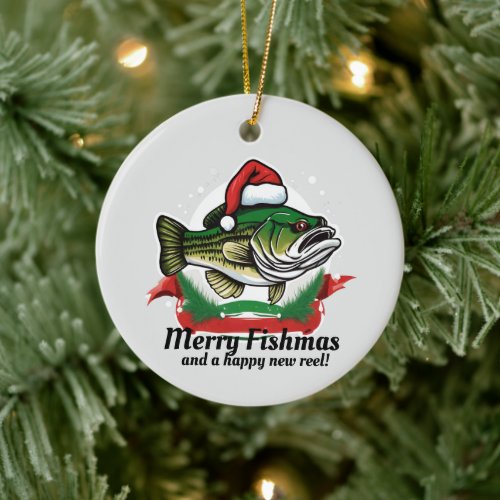 Funny Merry Christmas Fishmas Fishing Santa Fish Ceramic Ornament