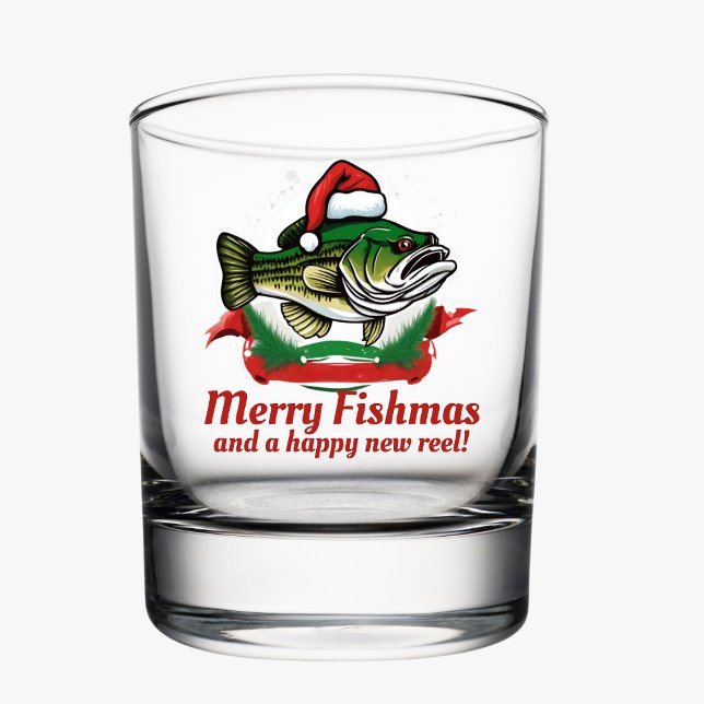 Funny Merry Christmas Fishmas Fishing Santa Fish Whiskey Glass (Merry Fishmas Whiskey Bass Fishing Glass for Anglers)