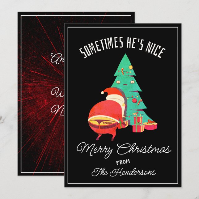 Funny Merry Christmas Greeting Naughty Santa Theme Holiday Card (Front/Back)