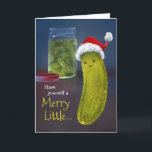 Funny Merry Christmas Little Santa Pickle Holiday Card<br><div class="desc">Create your own funny pickle Christmas cards that can be personalized with a custom holiday greeting. The fun artwork by Raphaela Wilson depicts a cute dill pickle wearing a santa hat with a jar full of pickles in the background. The outside of these funny dill pickle holiday cards conveys the...</div>