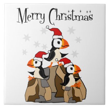Funny Merry Christmas Puffin Birds And Snow Ceramic Tile by ChristmasSmiles at Zazzle