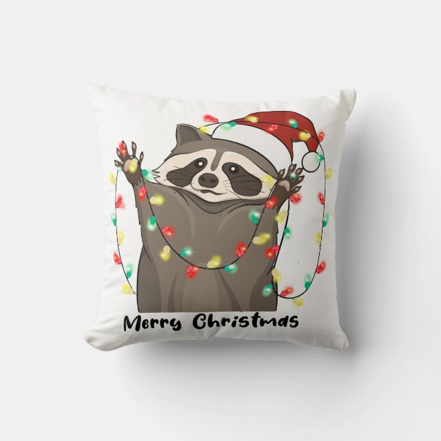 Funny Merry Christmas Raccoon Throw Pillow (Front)