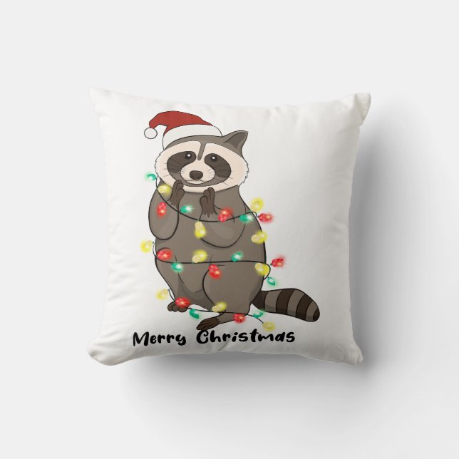 Funny Merry Christmas Racoon Throw Pillow (Front)