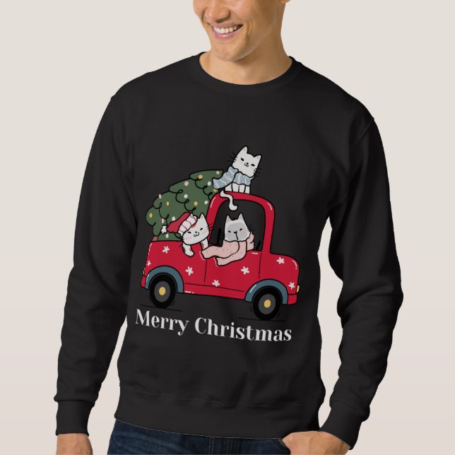 Funny Merry Christmas Red Truck Cat Sweatshirt (Front)