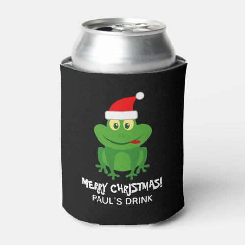 Funny Merry Christmas Santa Claus frog cartoon Can Cooler