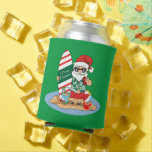 Funny Merry Christmas Santa on Summer Surf Beach Can Cooler<br><div class="desc">Shows Santa Claus in a green Aloha shirt on a beach holding a red striped surf board and a drink. The surf board reads "Merry Christmas."
Funny cartoon design for Christmas in July or December,  for summer vacation,  parties,  and fun.</div>