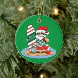 Funny Merry Christmas Santa on Summer Surf Beach Ceramic Ornament