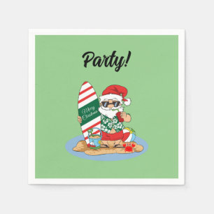 Funny Merry Christmas Santa on Summer Surf Beach Napkins