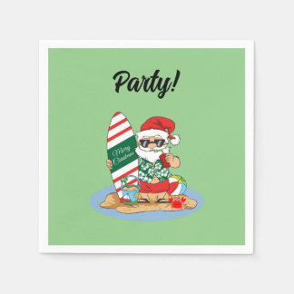 Funny Merry Christmas Santa on Summer Surf Beach Napkins