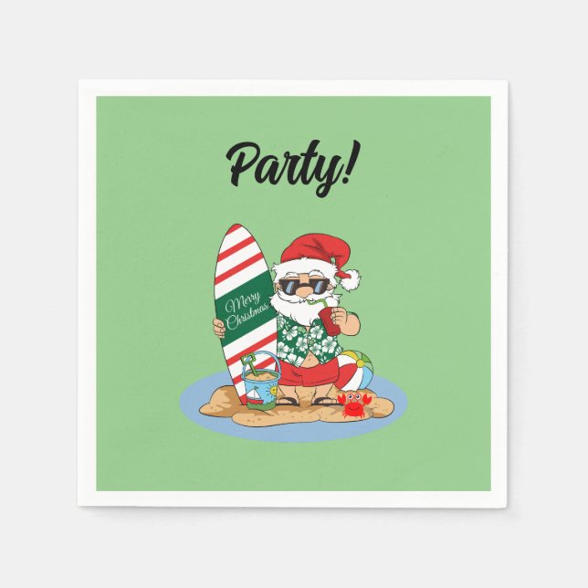 Funny Merry Christmas Santa on Summer Surf Beach Napkins (Front)
