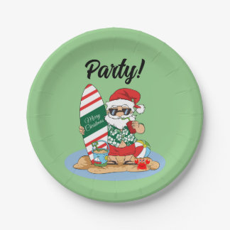 Funny Merry Christmas Santa on Summer Surf Beach Paper Plates