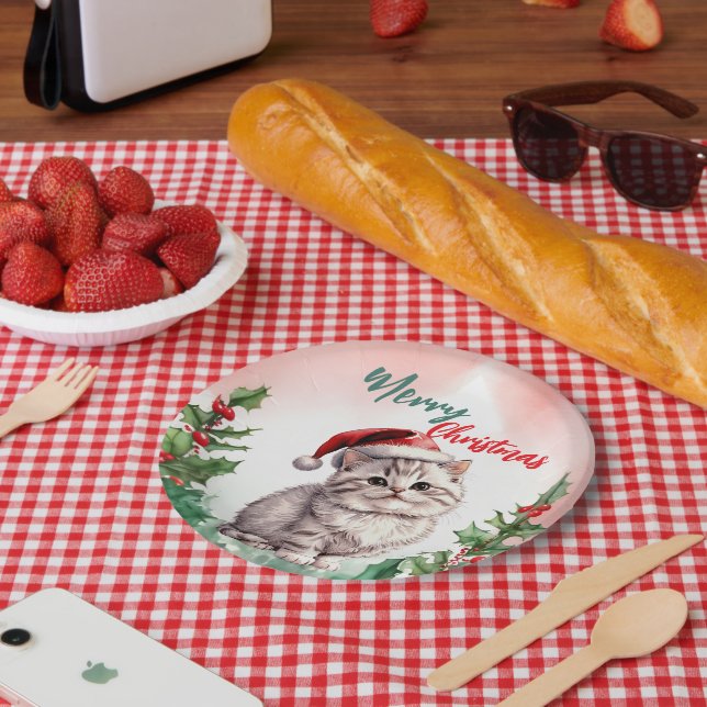 Funny Merry Christmas Wreath Cute Cat kitten Paper Plates (Picnic)