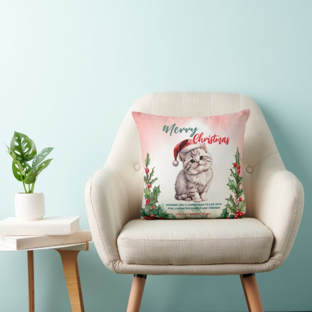 Funny Merry Christmas Wreath Cute Cat kitten Throw Pillow (Chair)