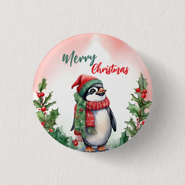 Funny Merry Christmas Wreath Cute penguin sea Button (Front)