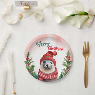 Funny Merry Christmas Wreath Cute sea lion seal Paper Plates