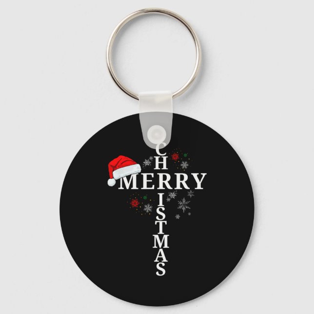 Funny Merry Christmas Xmas Cross Christian Snow  Keychain (Front)