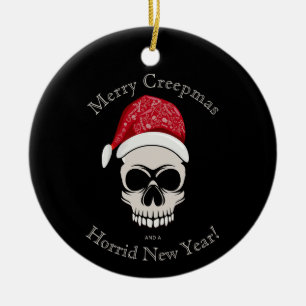 Funny Merry Creepmas Skull Santa Hat Ceramic Ornament
