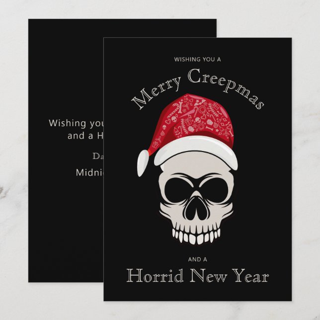 Funny Merry Creepmas Skull Santa Hat Holiday Card (Front/Back)