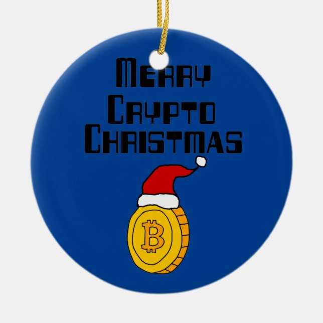 Funny Merry Crypto Christmas Bitcoin in Santa hat Ceramic Ornament (Front)