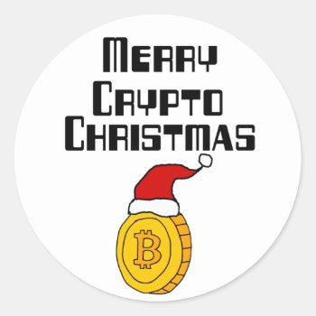 Funny Merry Crypto Christmas Bitcoin In Santa Hat Classic Round Sticker by ChristmasSmiles at Zazzle