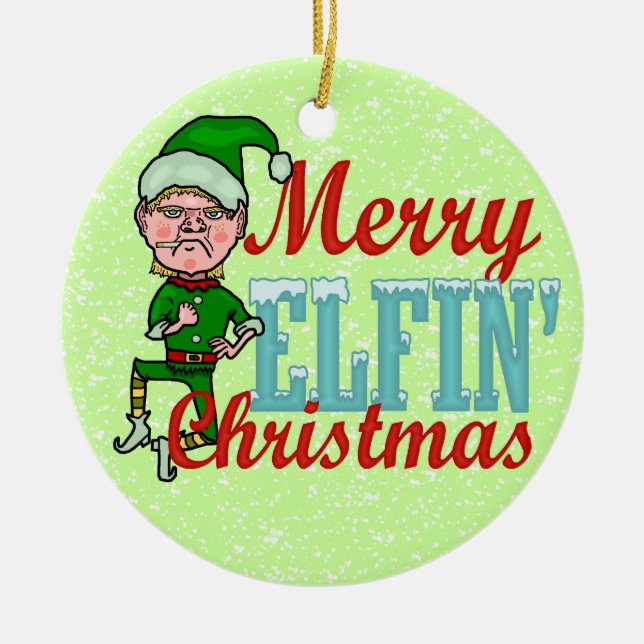 Funny Merry Elfin Christmas Bah Humbug Ceramic Ornament (Front)