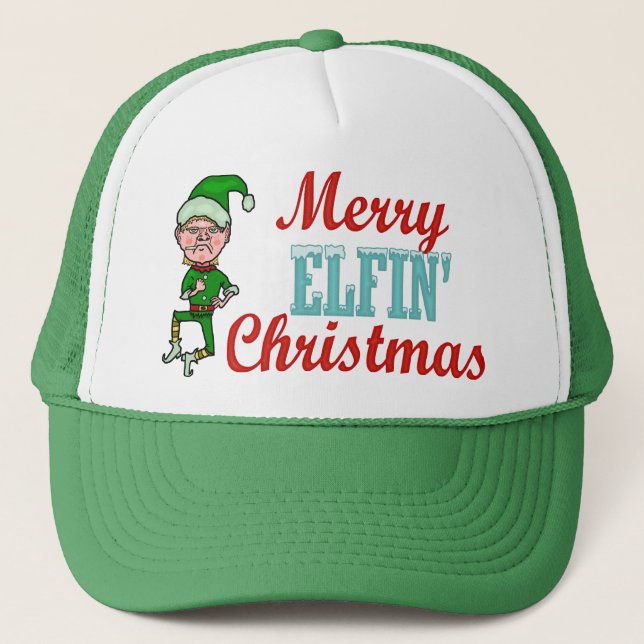 Funny Merry Elfin Christmas Holiday Elf Humor Trucker Hat (Front)