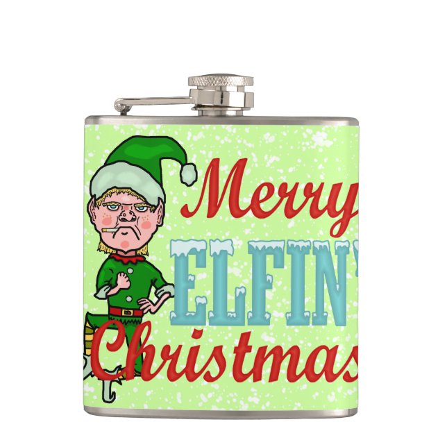 Funny Merry Elfin Christmas Pun Hip Flask (Front)