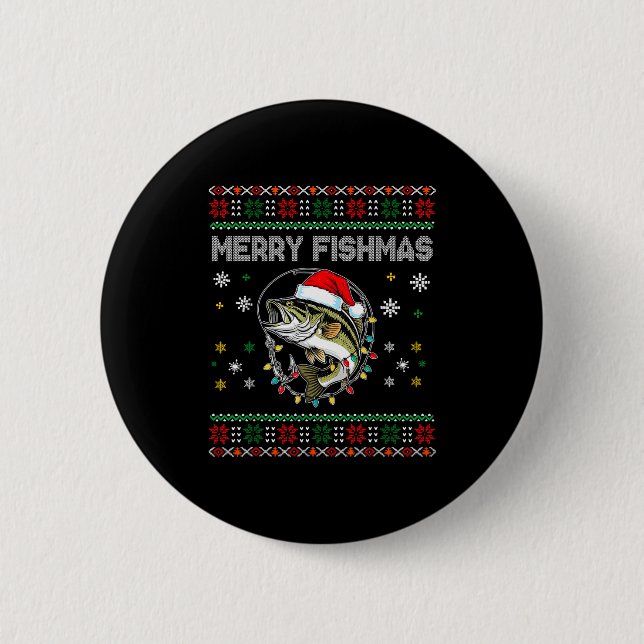 Funny Merry Fishmas B Fishing Christmas Ugly Sweat Button (Front)