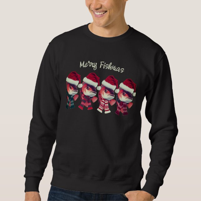 Funny Merry Fishmas Christmas Fishing black Sweatshirt (Front)